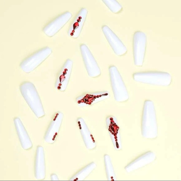 SOLD STUNNING FANCY Red Crystals Design White Press On Nails - Picture 3 of 4